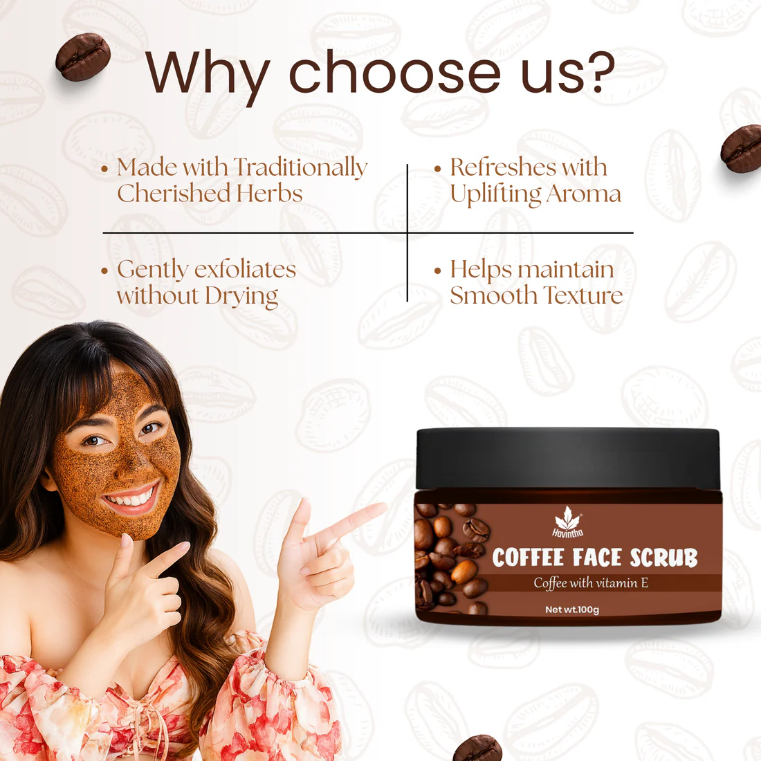 Havintha Coffee Face Scrub | Natural Exfoliator for Glowing Skin | Gentle, Skin-Brightening Formula – 100gm - Image 3